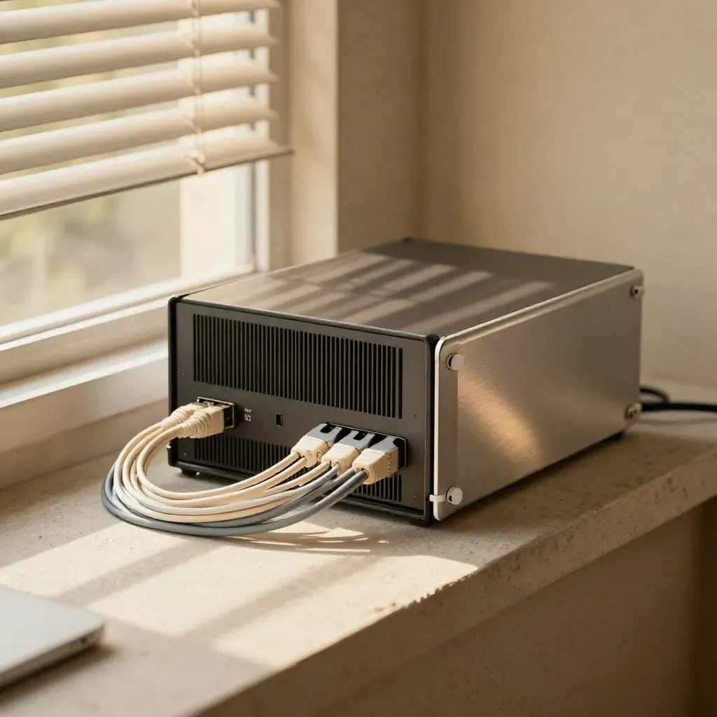 Mini-server, fibre loops and lockable case in warm window light on a mezzanine landing.