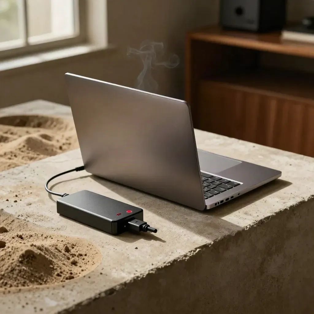 Hardened laptop, lock box, and test adapter on a warm sandbox bench with red indicator light.