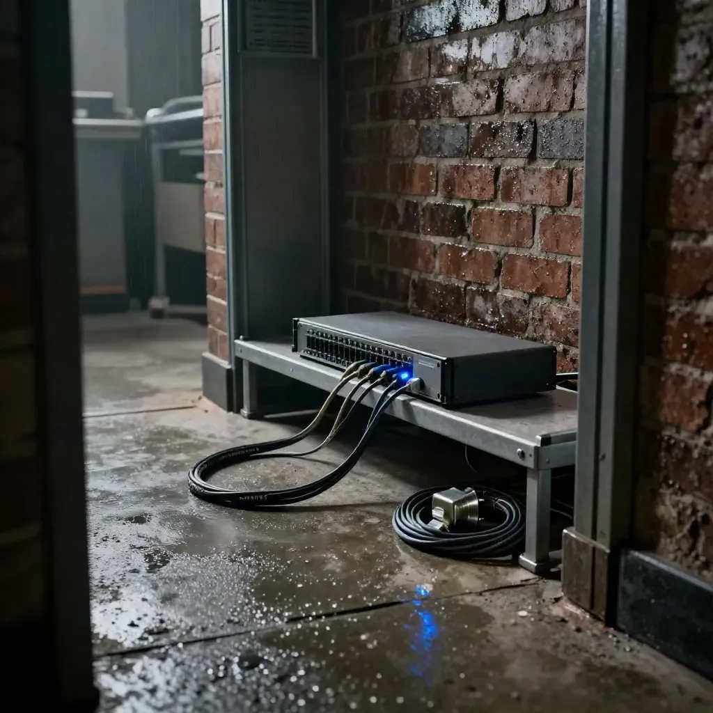 Floor-level network room with switch, cables, and blue LED glow in humid brick corridor.