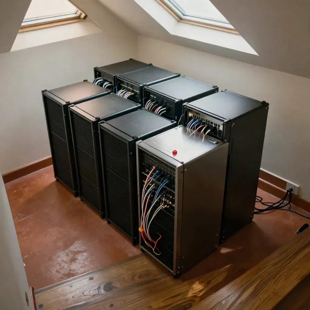 High-angle cloud risk map setup with mini servers, fibre loops and a locked case under a skylight.