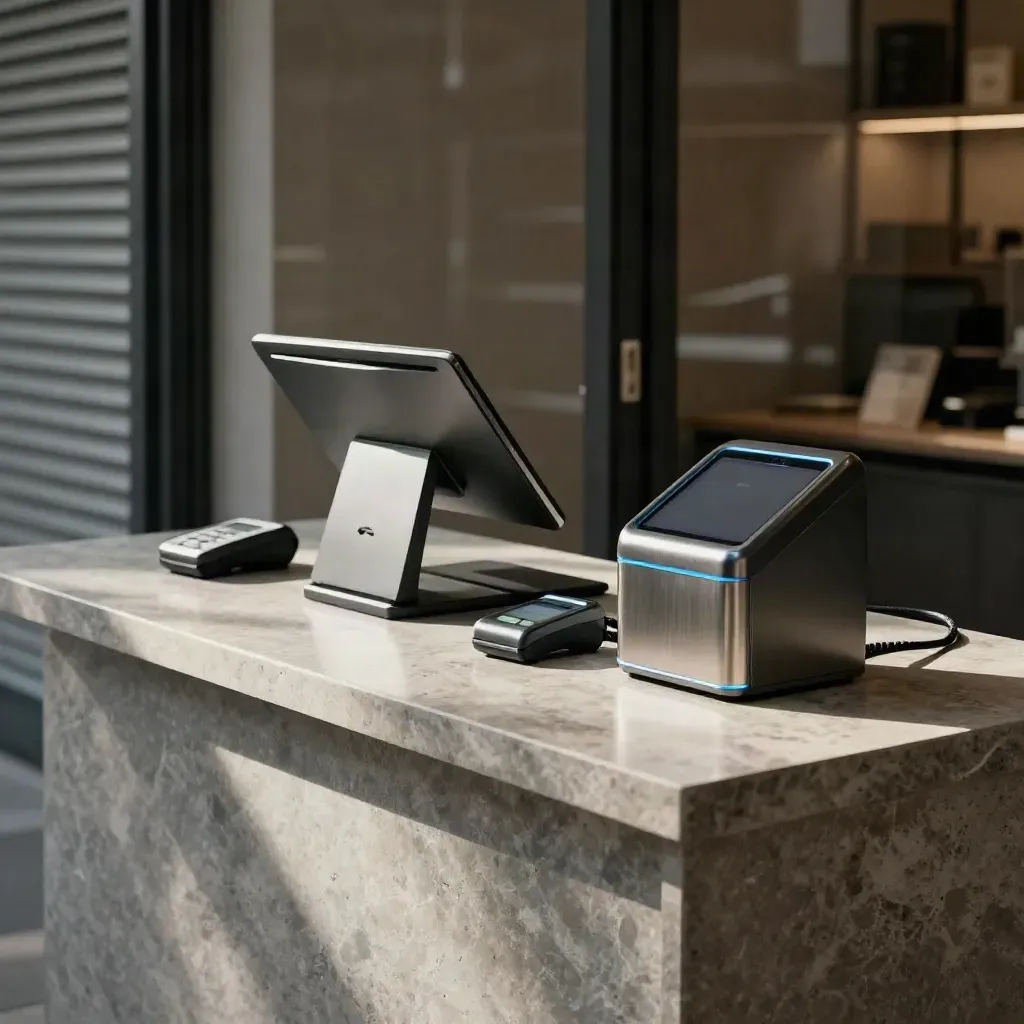 Shuttered retail checkout nook with closed POS tablet, test device, and cable loop on stone.