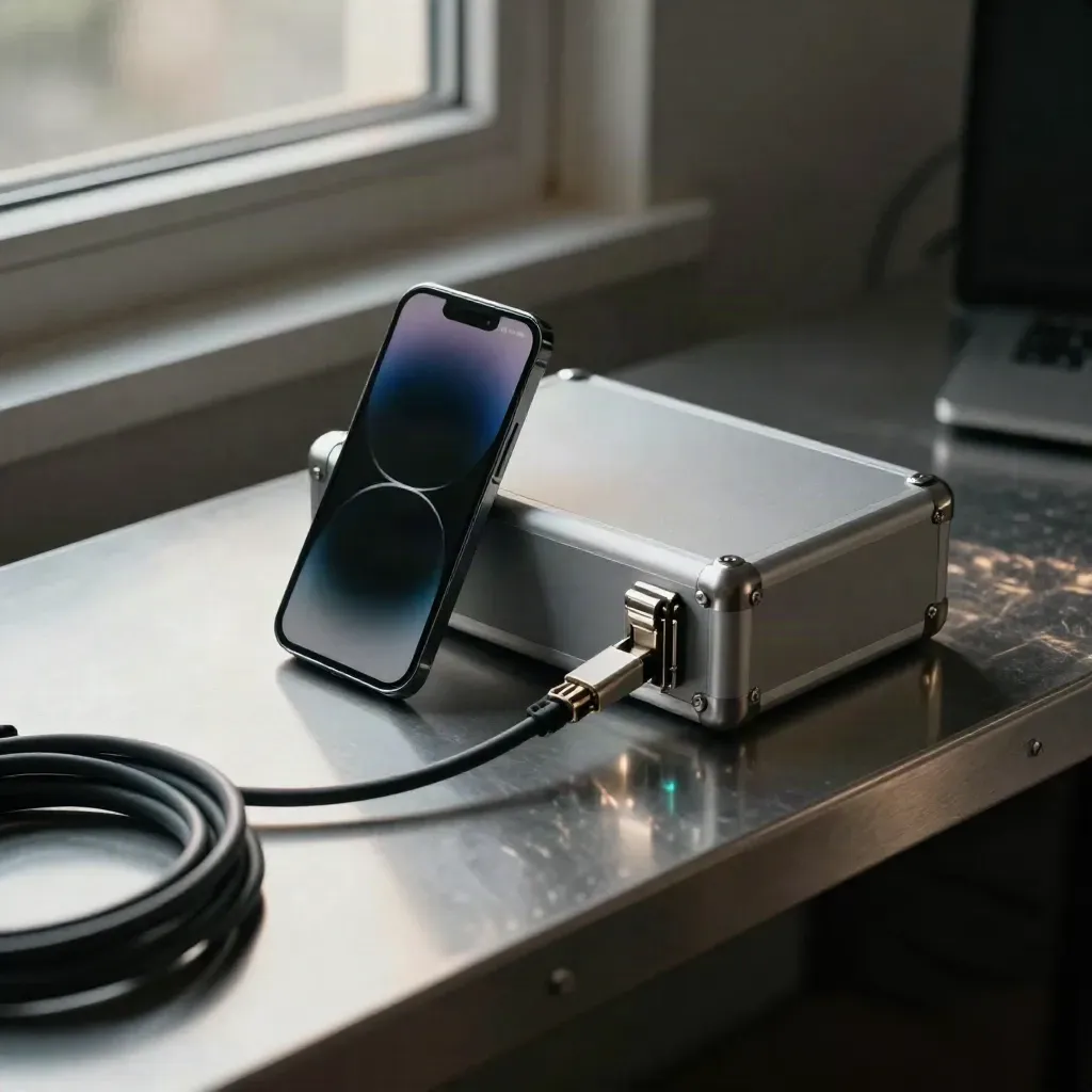 Dark phone, gateway box, locked case and braided lead on brushed metal in soft window light.