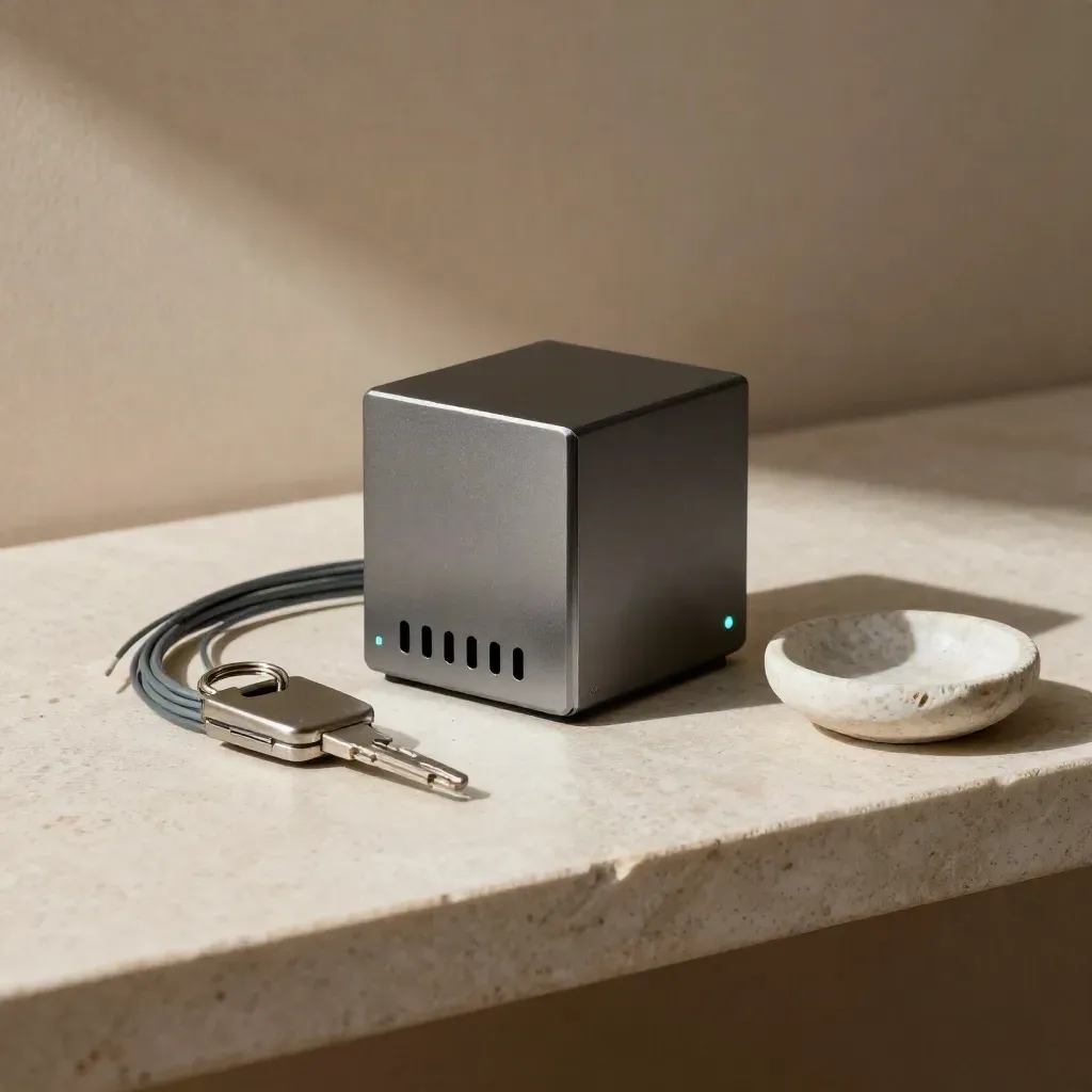 Cloud server cube with fibre loops, key fob and stone dish on a limestone shelf