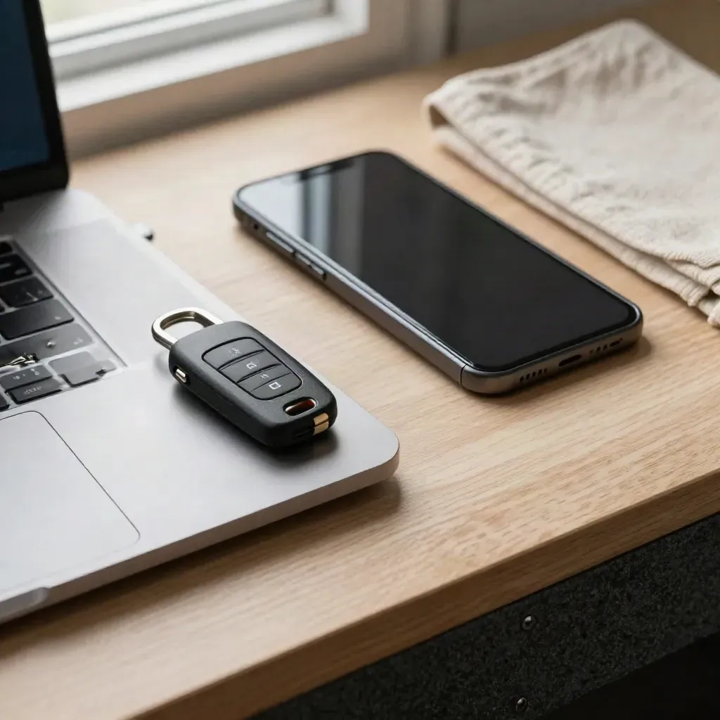 Matte security key with closed laptop, dark phone and linen on pale oak.